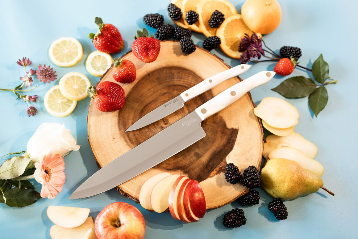 Cutco Knives with fruits and flowers