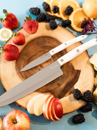 Cutco Knives with fruits and flowers