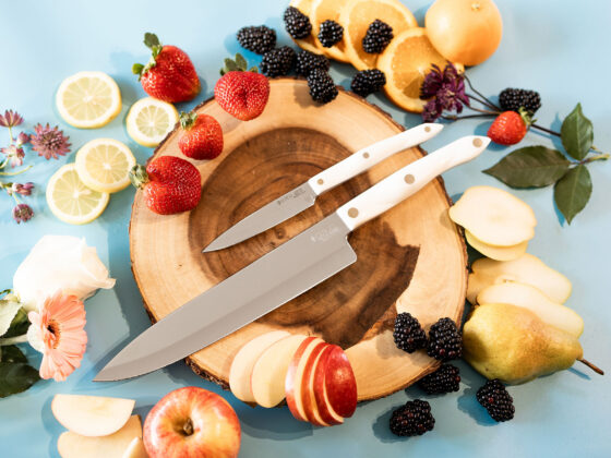 Cutco Knives with fruits and flowers
