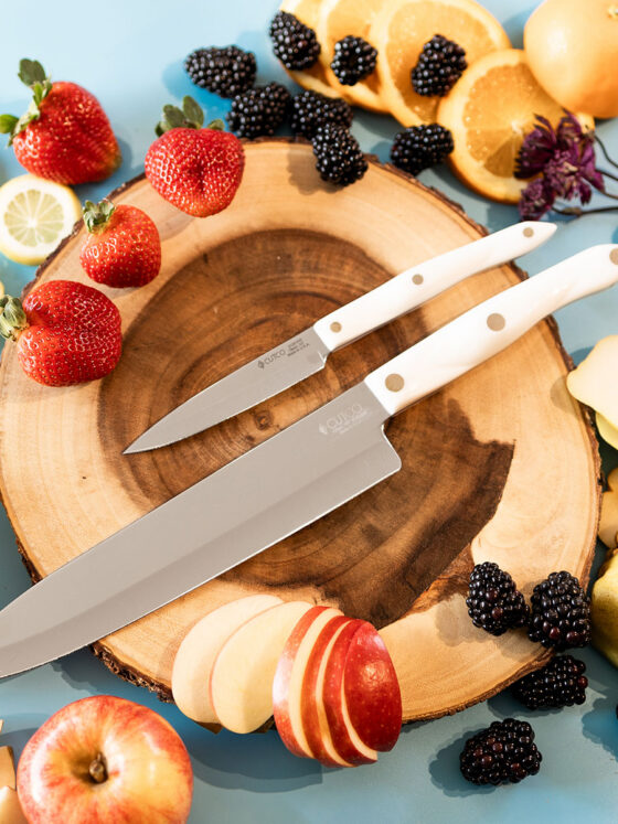 Cutco Knives with fruits and flowers