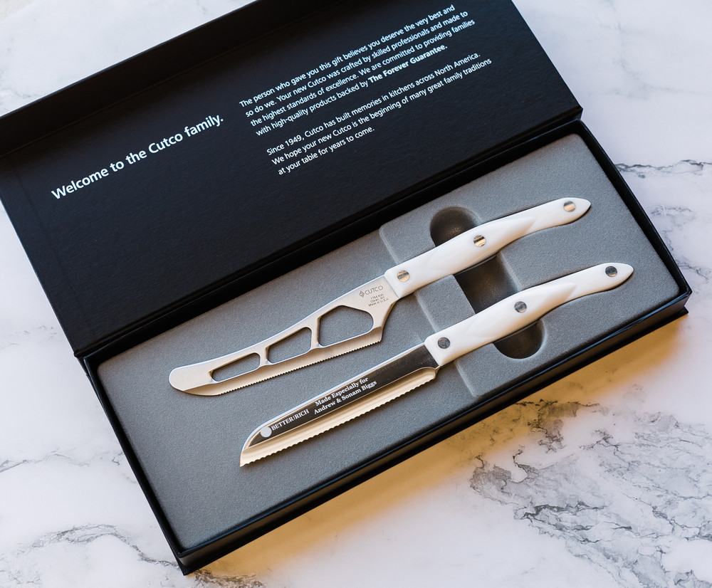 Cutco Welcome Home Set with Pearl handles in a magnetic gift box, one blade engraved with a personalized message