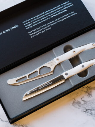 Cutco Welcome Home Set with Pearl handles in a magnetic gift box, one blade engraved with a personalized message