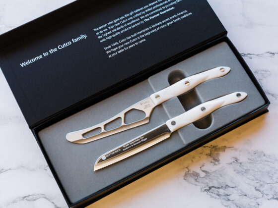 Cutco Welcome Home Set with Pearl handles in a magnetic gift box, one blade engraved with a personalized message