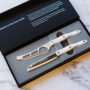 Cutco Welcome Home Set with Pearl handles in a magnetic gift box, one blade engraved with a personalized message